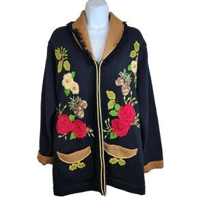 Vintage Christmas Sweater Storybook Knits Holiday Cardigan M Black Gold Beaded